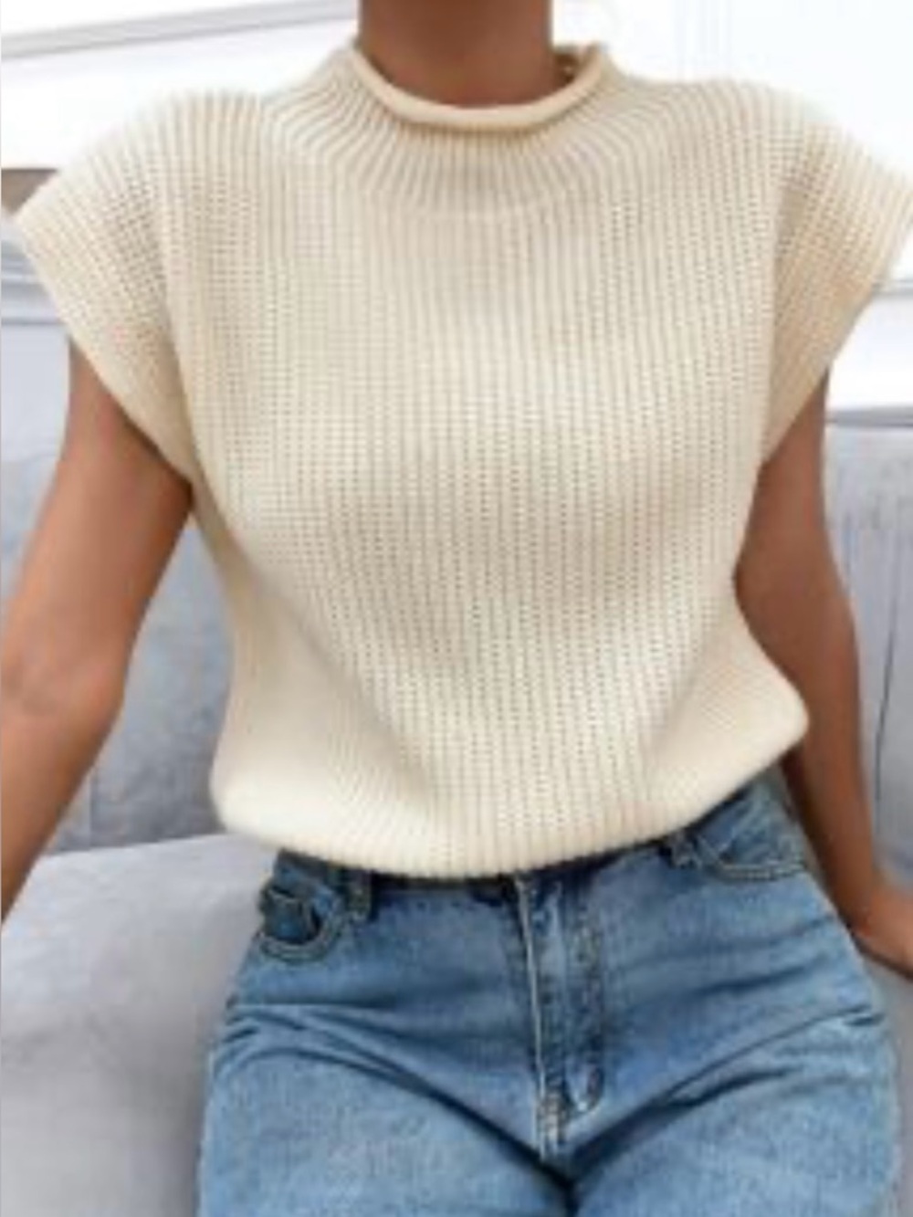 Shein Cream Knit Sleeveless Mock Neck Sweater